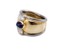 Zafír és gyémánt köves széles bicolor arany gyűrű