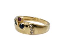 Rubin-zafír-smaragd és gyémánt köves arany gyűrű