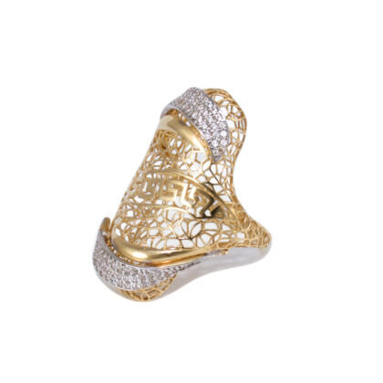 Bicolor köves görög mintás áttört arany gyűrű 