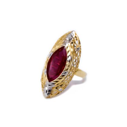 Bicolor piros köves hosszúkás arany gyűrű