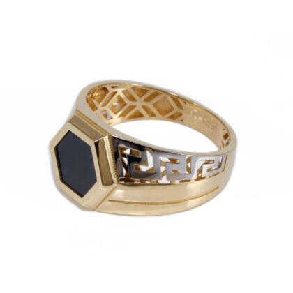 Bicolor görög mintás fekete köves pecsét arany gyűrű 