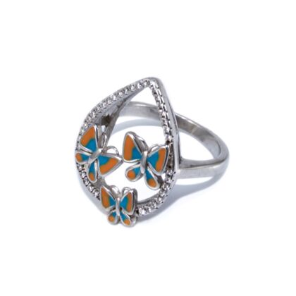 Csepp alakú köves-zománcos pillangós ezüst gyűrű