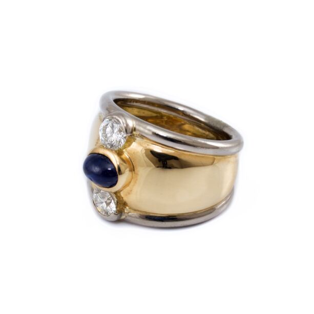 Zafír és gyémánt köves széles bicolor arany gyűrű