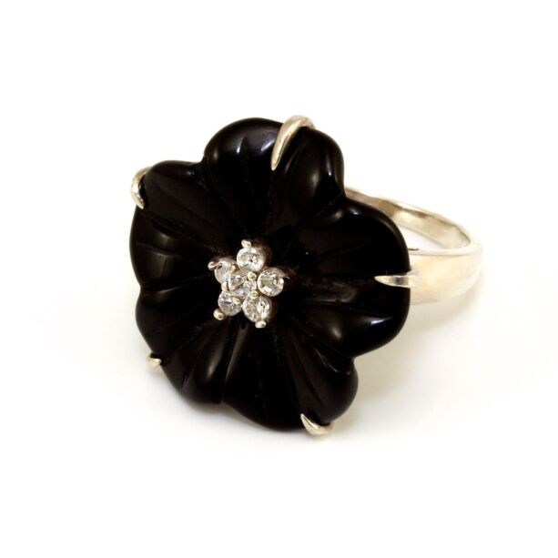 Fekete virágos női ezüst gyűrű